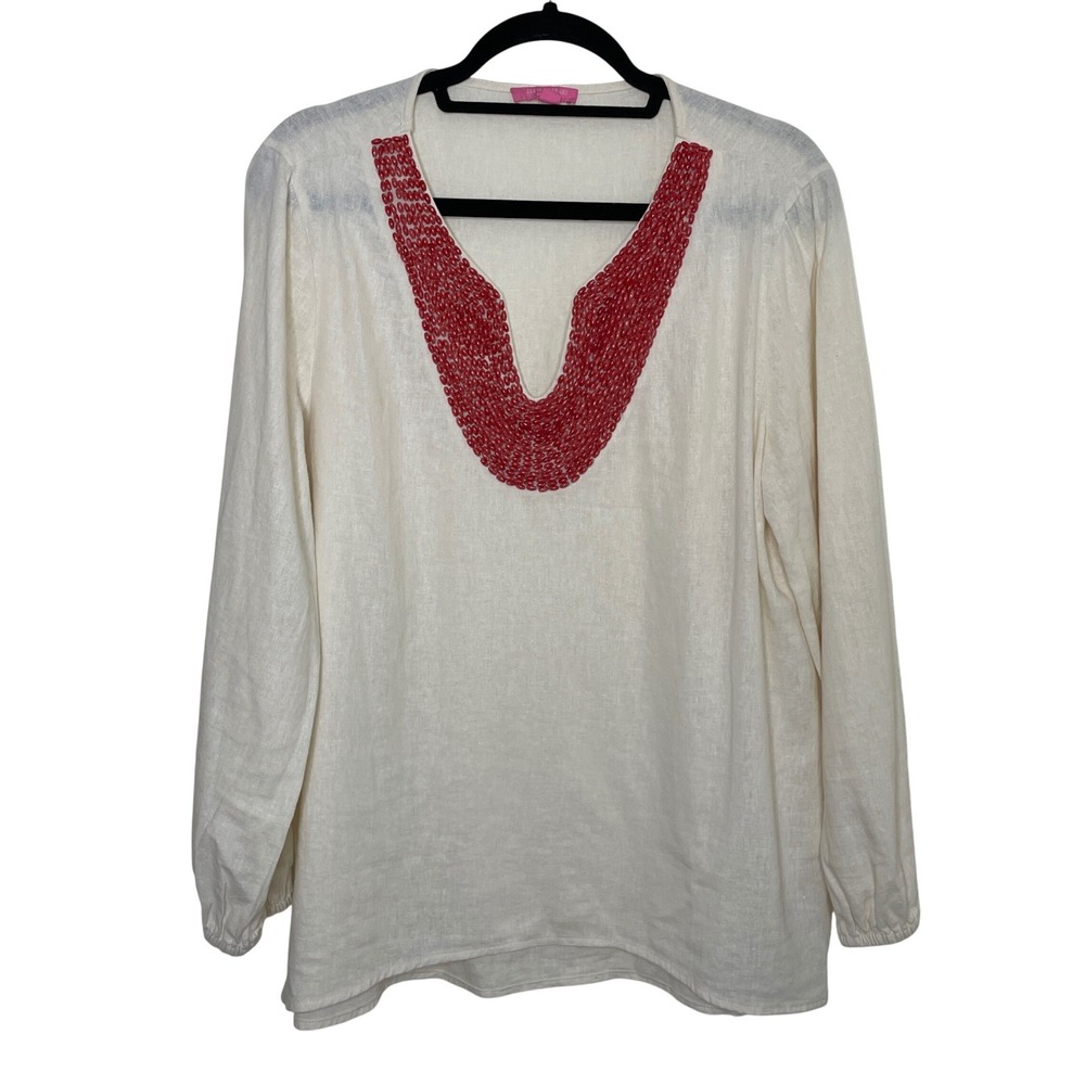 Isaac Mizrahi Tunic Top Cream Red Beaded V-Neck Linen Blend Long Sleeve Sz L